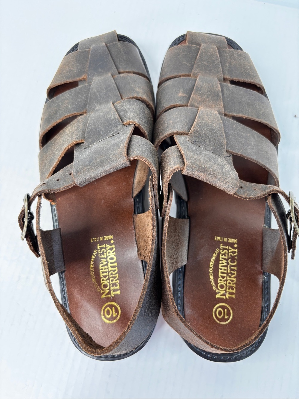 Northwest Territory Brown Leather Fisherman Sandals Mens Sz 10 Woven Rugged Sole - Picture 16 of 16